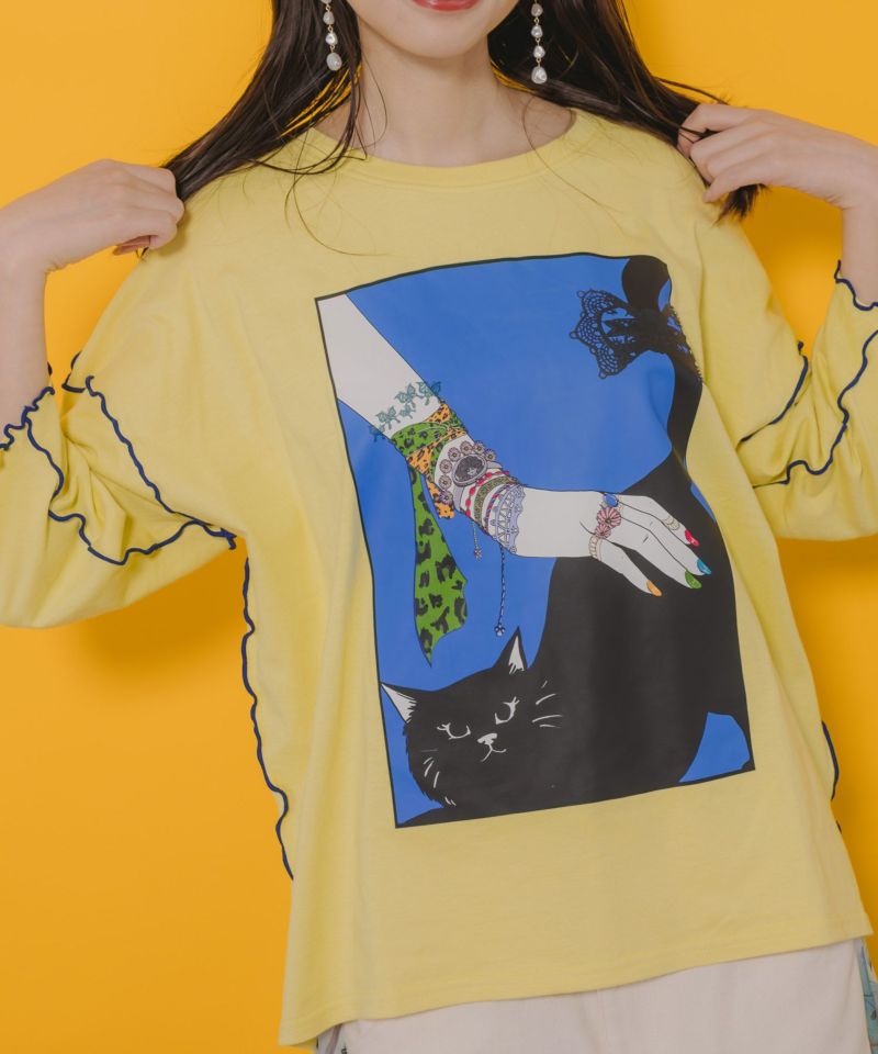 ネコ撫でプリント メローステッチTシャツ-8