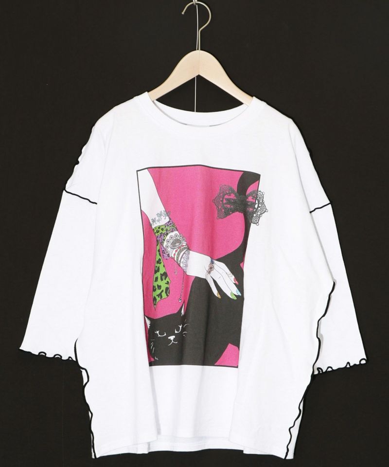ネコ撫でプリント メローステッチTシャツ-9