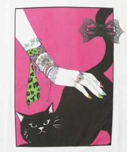 ネコ撫でプリント メローステッチTシャツ-10