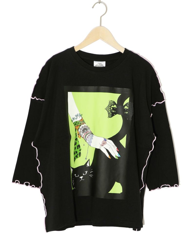 ネコ撫でプリント メローステッチTシャツ-11