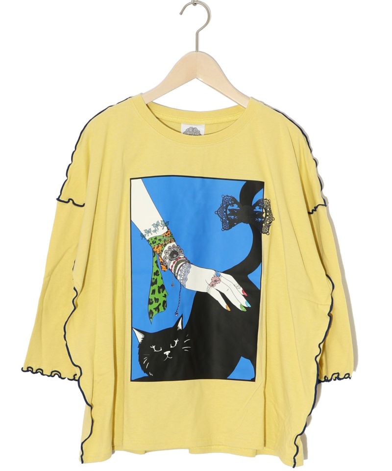 ネコ撫でプリント メローステッチTシャツ-13