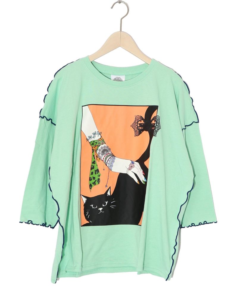 ネコ撫でプリント メローステッチTシャツ-15
