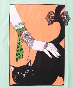 ネコ撫でプリント メローステッチTシャツ-16