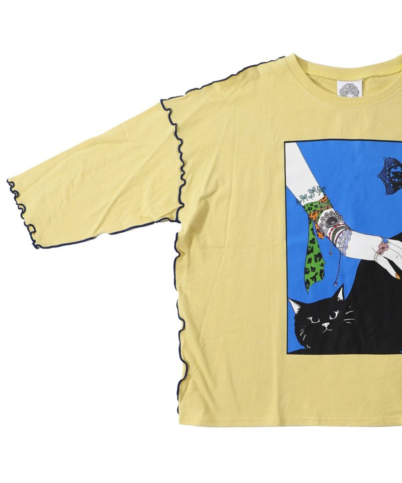 ネコ撫でプリント メローステッチTシャツ-18