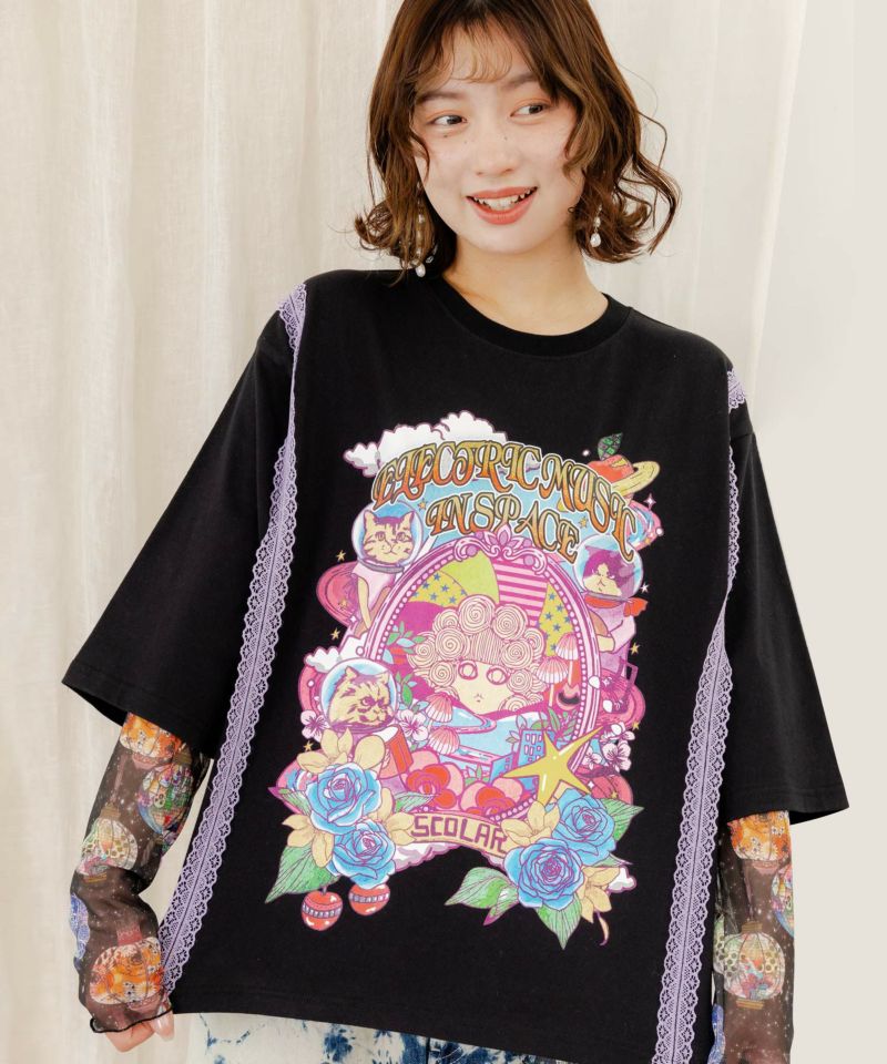 スカラーちゃん×宇宙ネコ柄 レース叩き付けTシャツ-1
