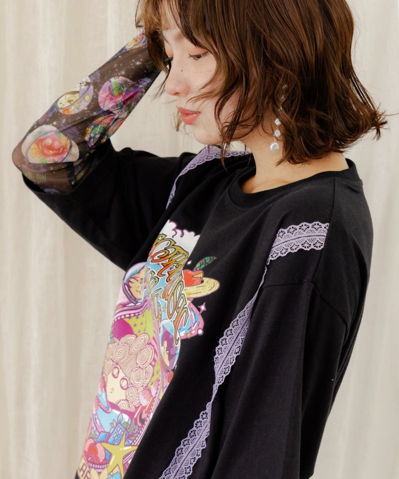スカラーちゃん×宇宙ネコ柄 レース叩き付けTシャツ-7