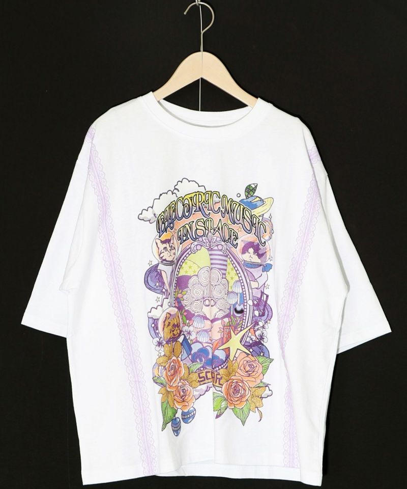 スカラーちゃん×宇宙ネコ柄 レース叩き付けTシャツ-10