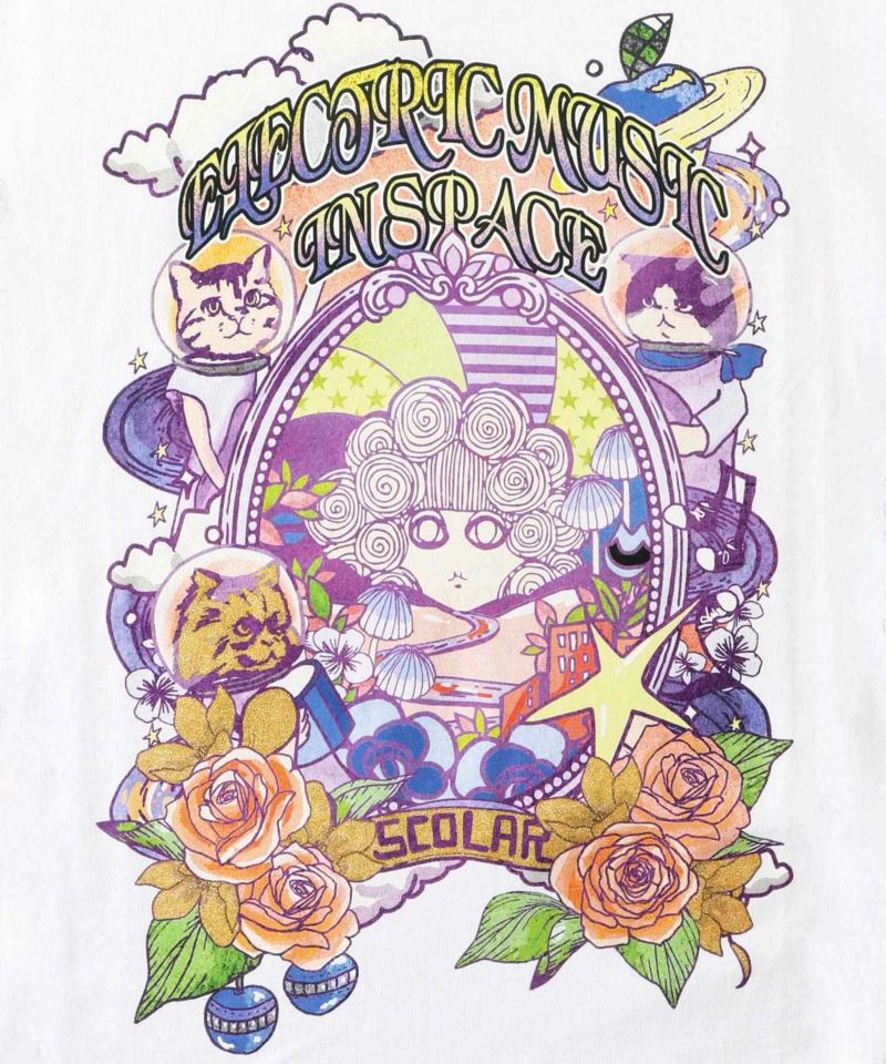 スカラーちゃん×宇宙ネコ柄 レース叩き付けTシャツ-11