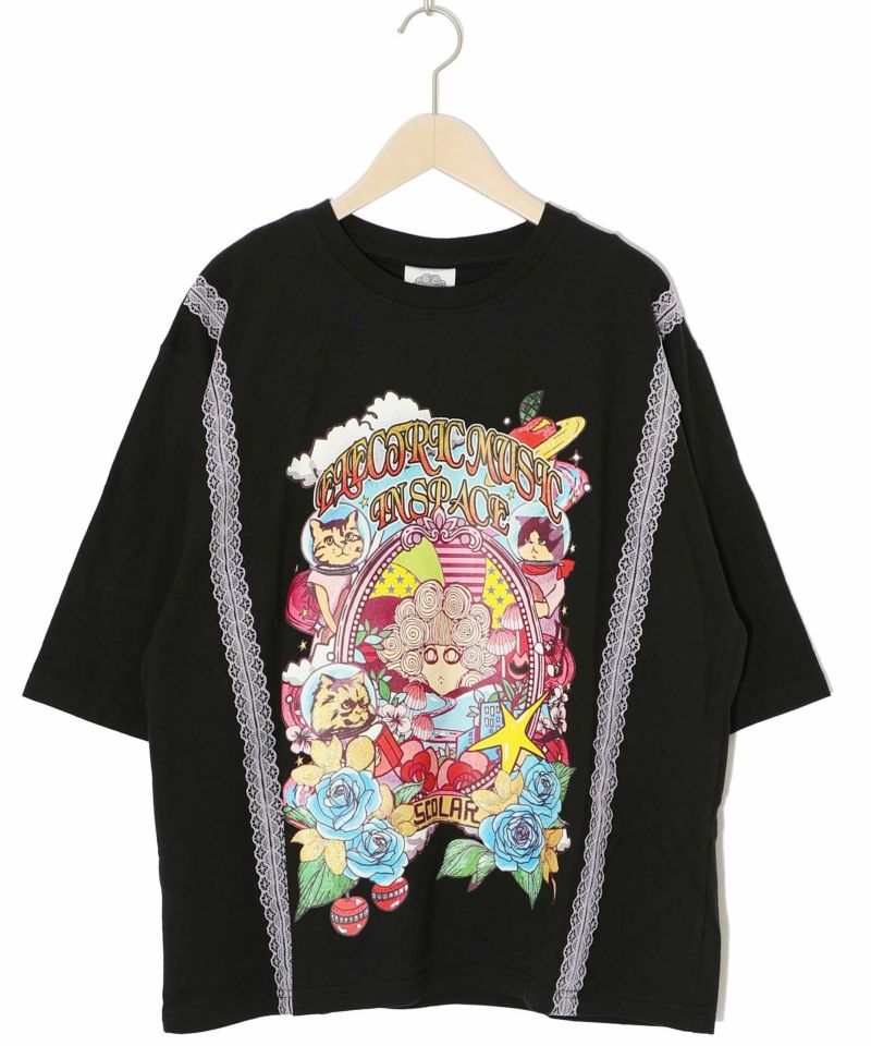 スカラーちゃん×宇宙ネコ柄 レース叩き付けTシャツ-12