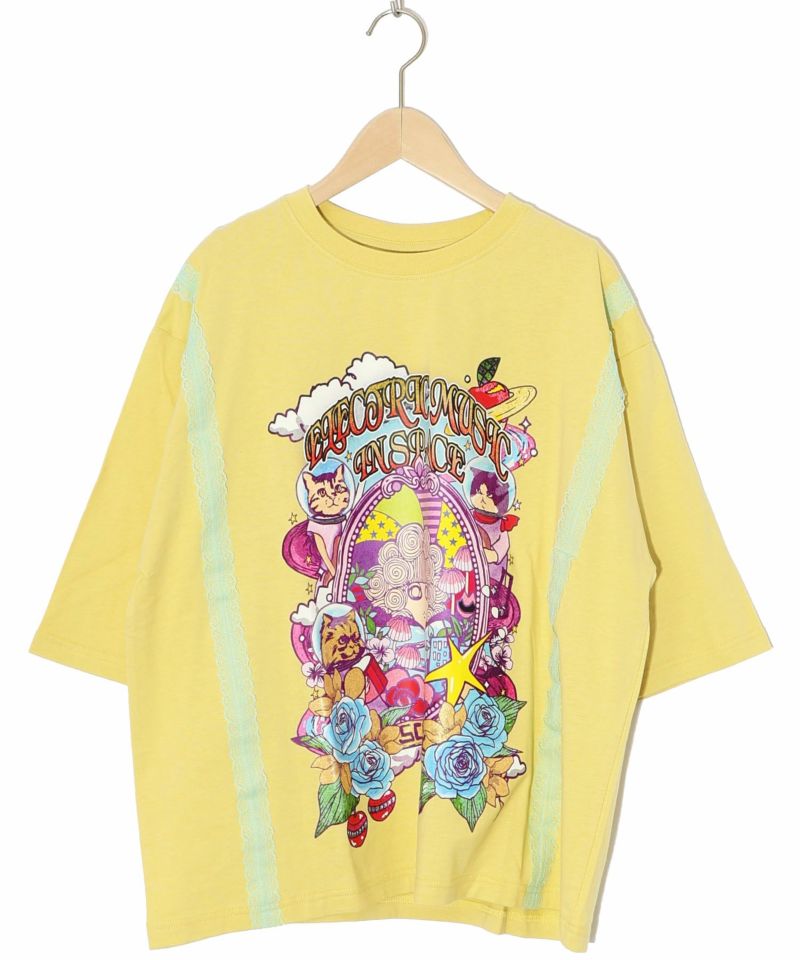スカラーちゃん×宇宙ネコ柄 レース叩き付けTシャツ-14