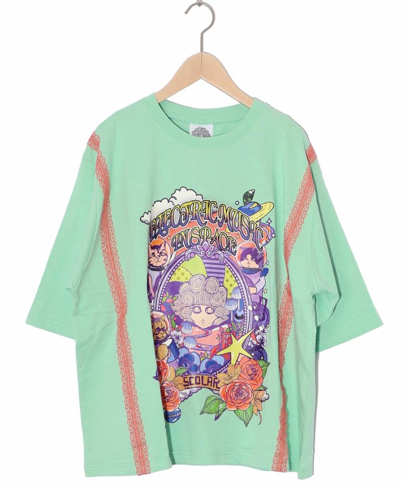 スカラーちゃん×宇宙ネコ柄 レース叩き付けTシャツ-16