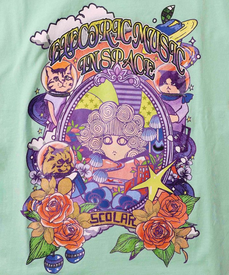 スカラーちゃん×宇宙ネコ柄 レース叩き付けTシャツ-17