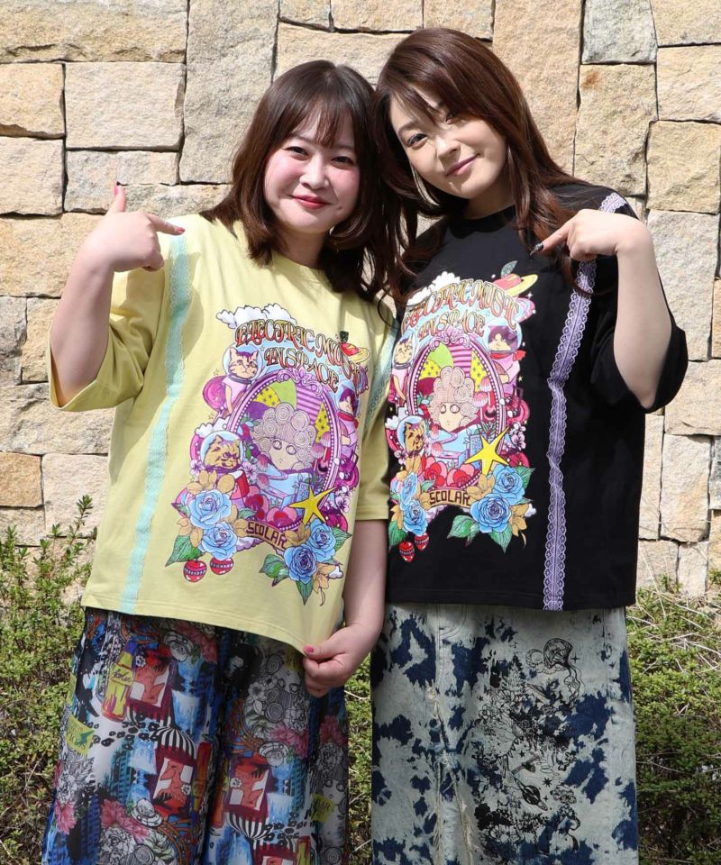 スカラーちゃん×宇宙ネコ柄 レース叩き付けTシャツ-18