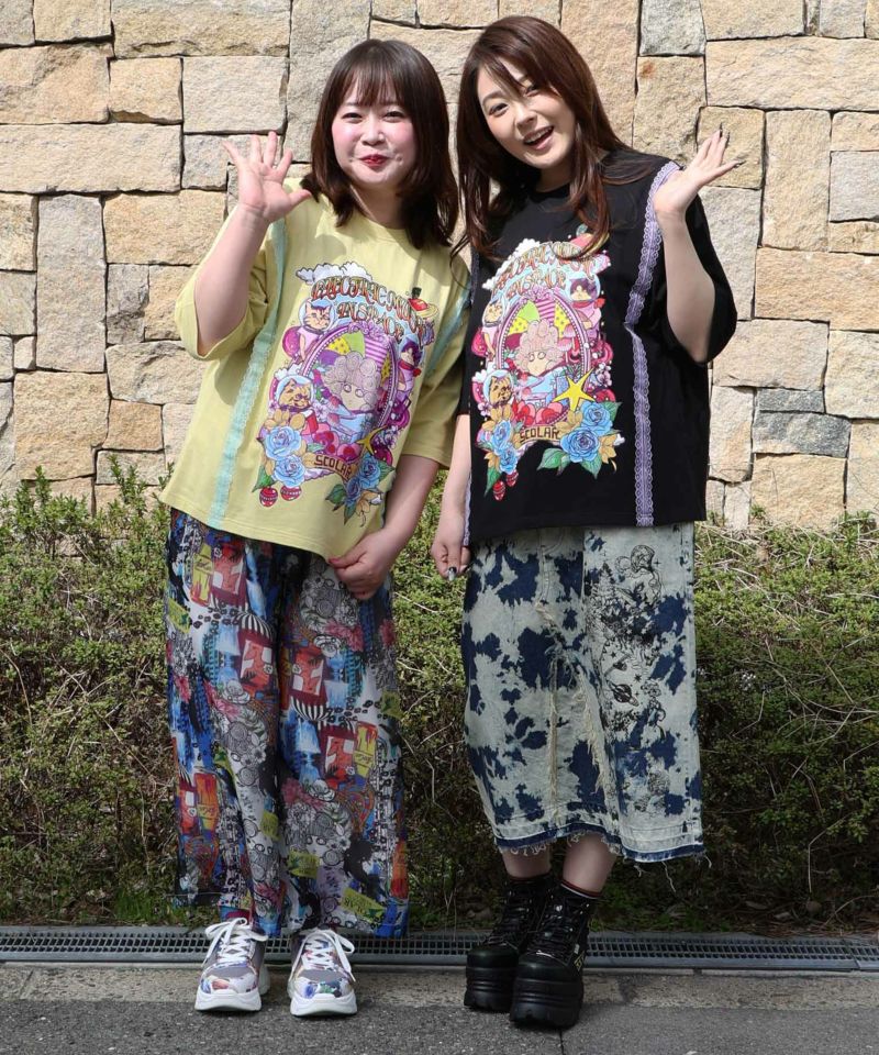 スカラーちゃん×宇宙ネコ柄 レース叩き付けTシャツ-19