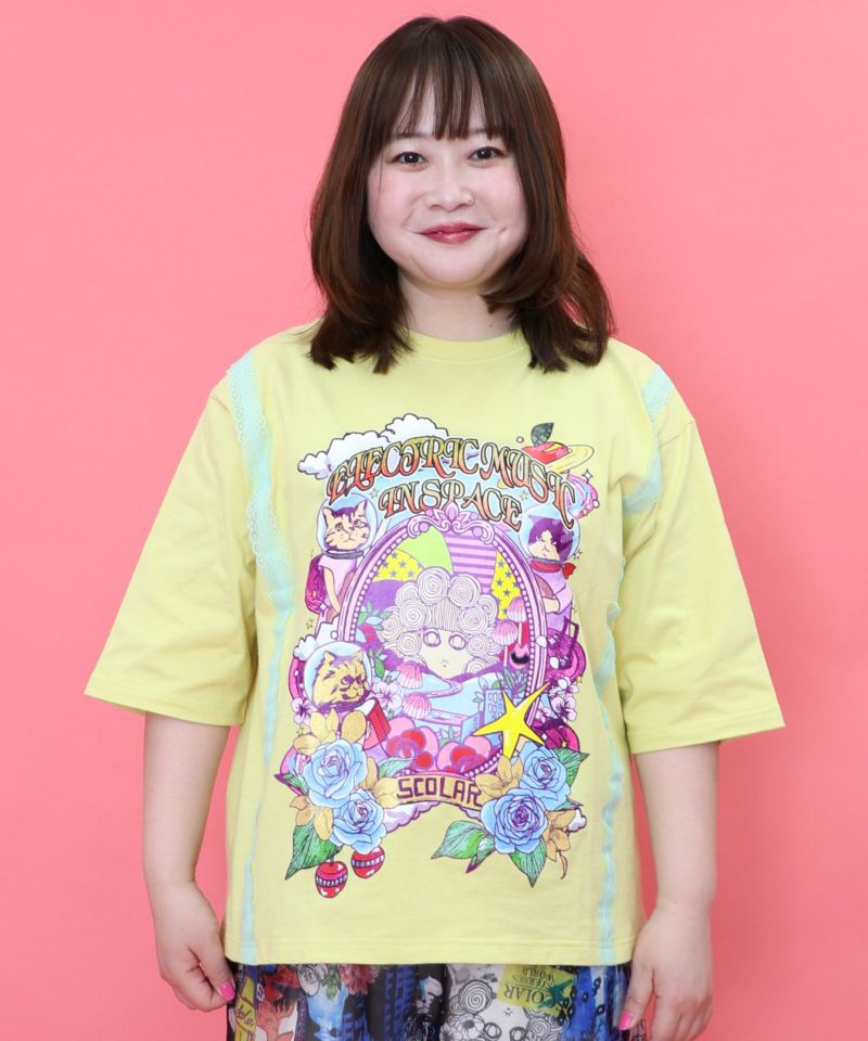 スカラーちゃん×宇宙ネコ柄 レース叩き付けTシャツ-20