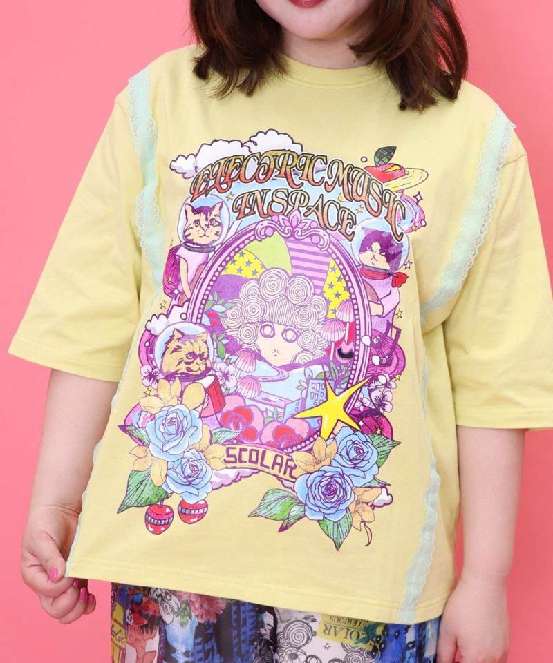 スカラーちゃん×宇宙ネコ柄 レース叩き付けTシャツ-23