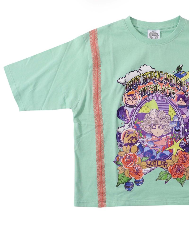 スカラーちゃん×宇宙ネコ柄 レース叩き付けTシャツ-25