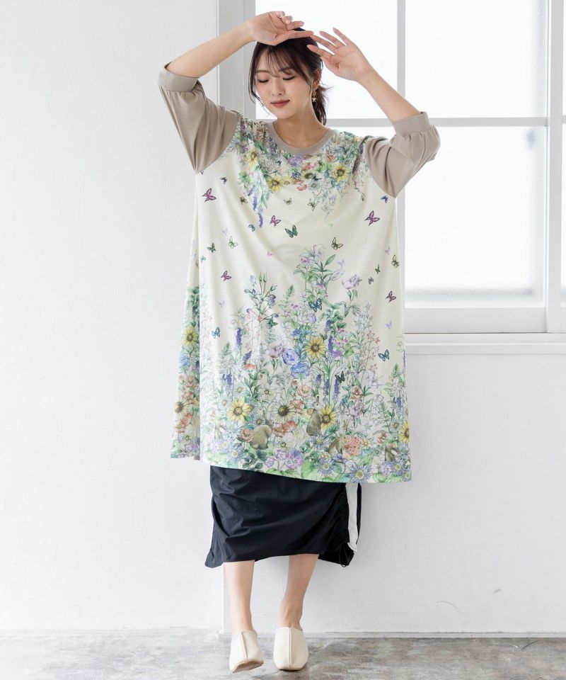 蝶の舞う花畑とウサギプリントワンピース-3