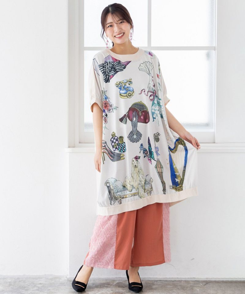 華やかな貴婦人モチーフプリント 切替ワンピース-1
