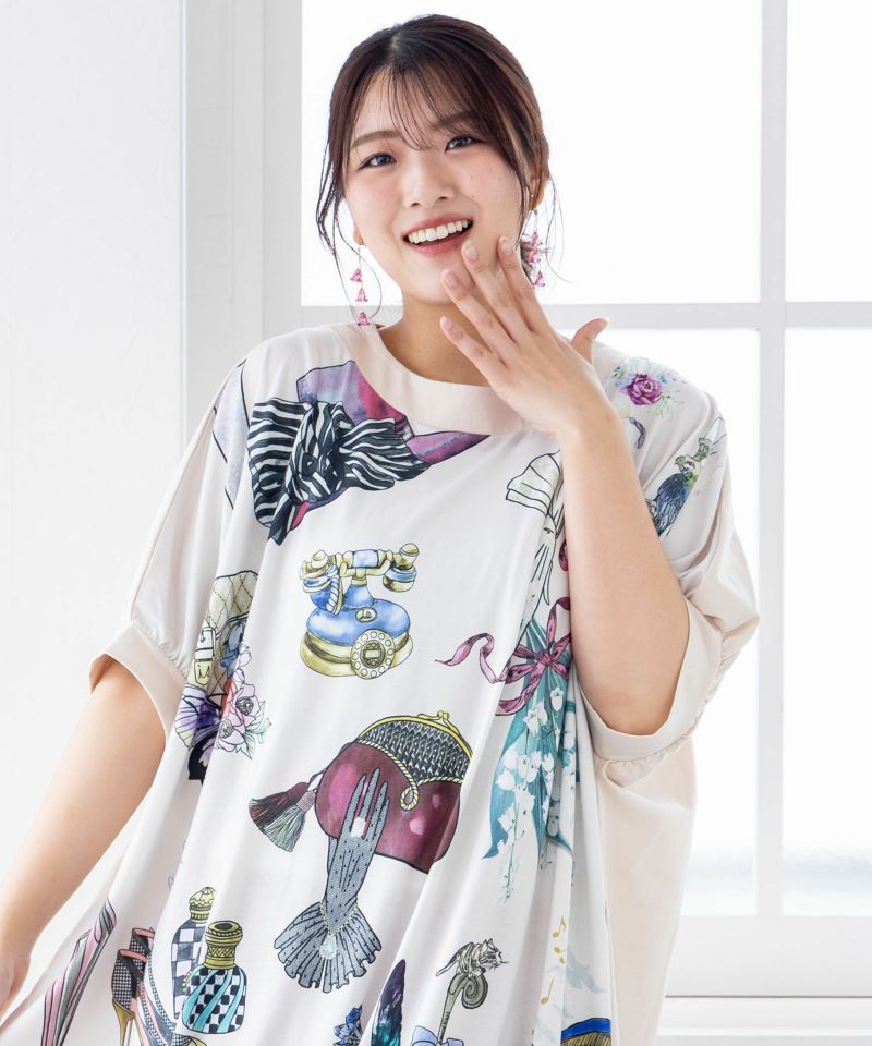 華やかな貴婦人モチーフプリント 切替ワンピース-2