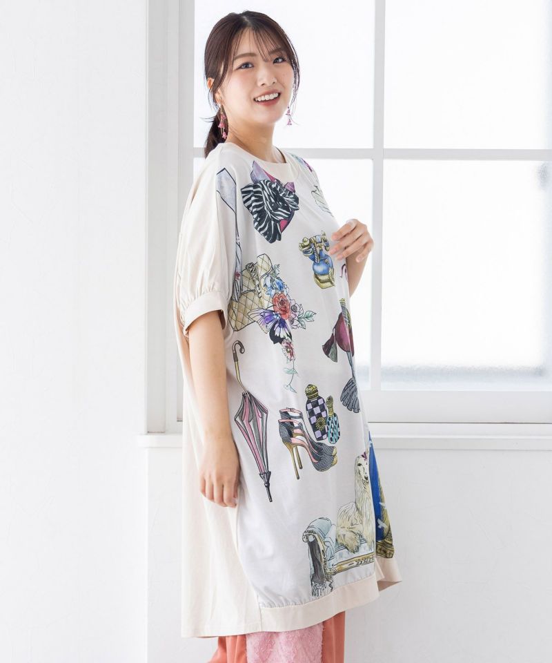 華やかな貴婦人モチーフプリント 切替ワンピース-6