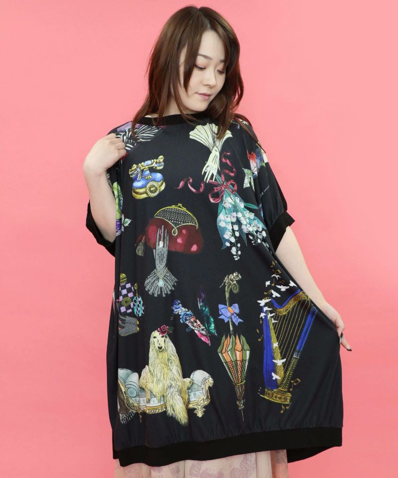 華やかな貴婦人モチーフプリント 切替ワンピース-14