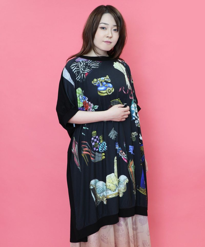華やかな貴婦人モチーフプリント 切替ワンピース-16