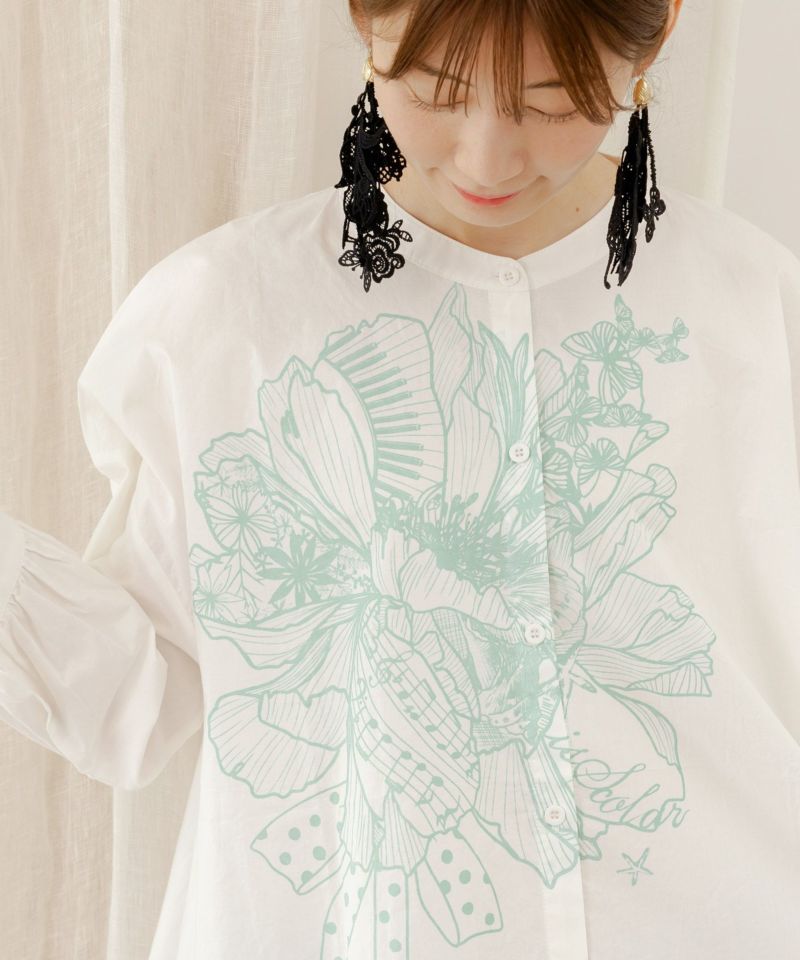 花柄箔ラバープリント ノーカラーチュニックシャツ-7