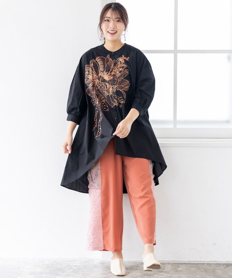 花柄箔ラバープリント ノーカラーチュニックシャツ-16
