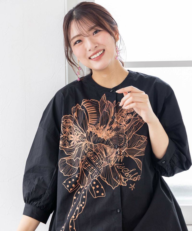 花柄箔ラバープリント ノーカラーチュニックシャツ-20