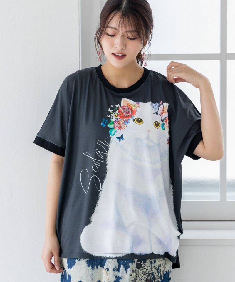 新品　Sサイズ　Off Shoulder Glitter Tee　黒×黄豹柄 スカラー ScoLar 花蝶柄アップリケ アシンメトリー裾ドット