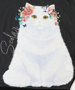 花と蝶を飾った大きなネコ柄チュニック-13
