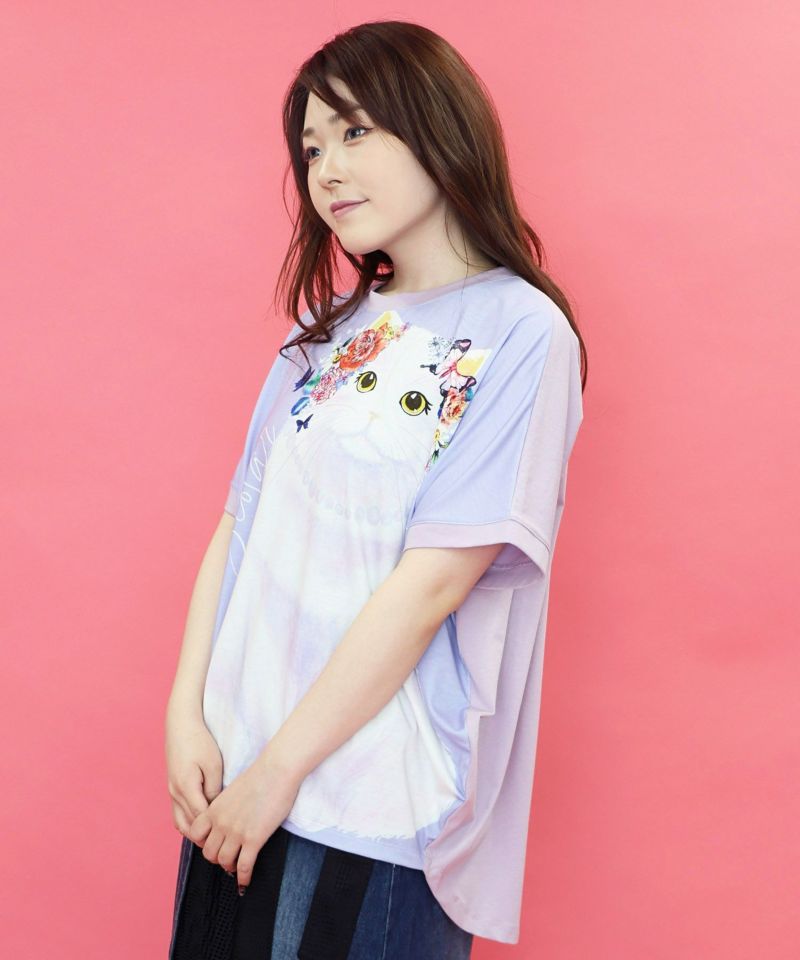 花と蝶を飾った大きなネコ柄チュニック-20