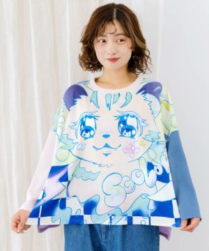 アニメなネコ柄 バイカラー7分袖プルオーバー-1