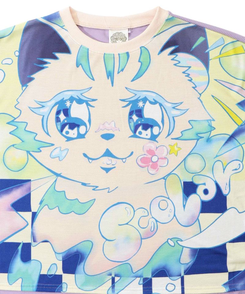 アニメなネコ柄 バイカラー7分袖プルオーバー-12