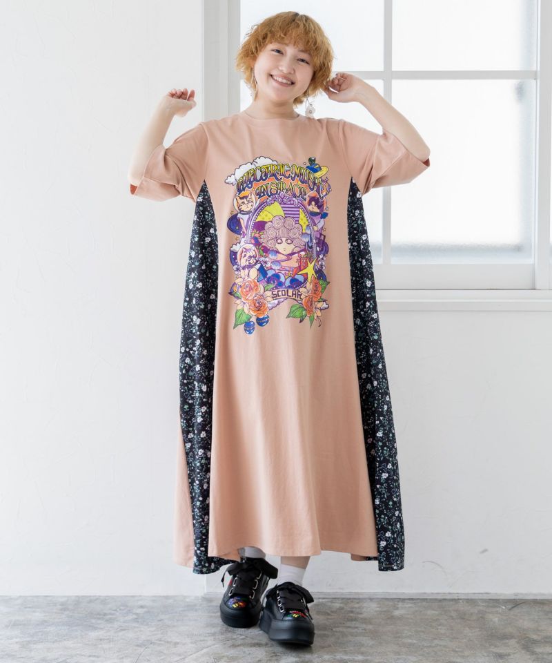 宇宙ネコとスカラーちゃん 小花柄切替ワンピース-1