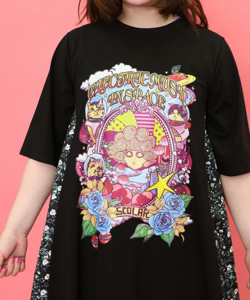 宇宙ネコとスカラーちゃん 小花柄切替ワンピース-19