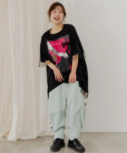 152630：ネコ撫でプリント×ドットチュール重ねチュニックの通販