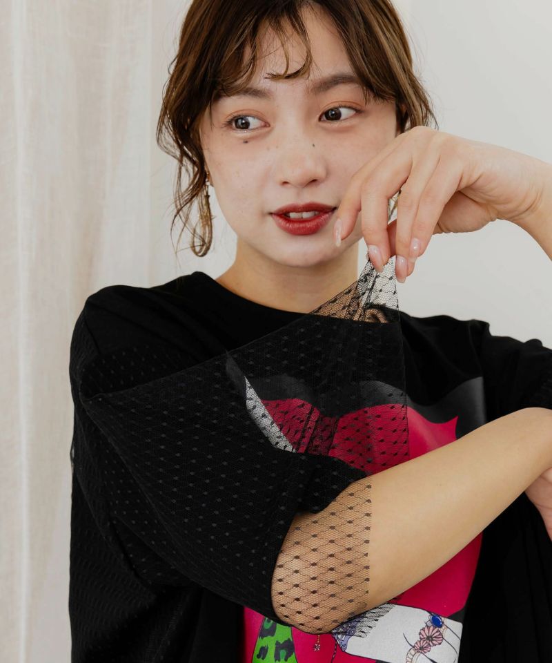 ネコ撫でプリント×ドットチュール重ねワンピース-6