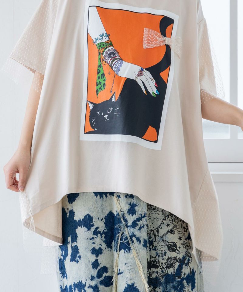 ネコ撫でプリント×ドットチュール重ねワンピース-19