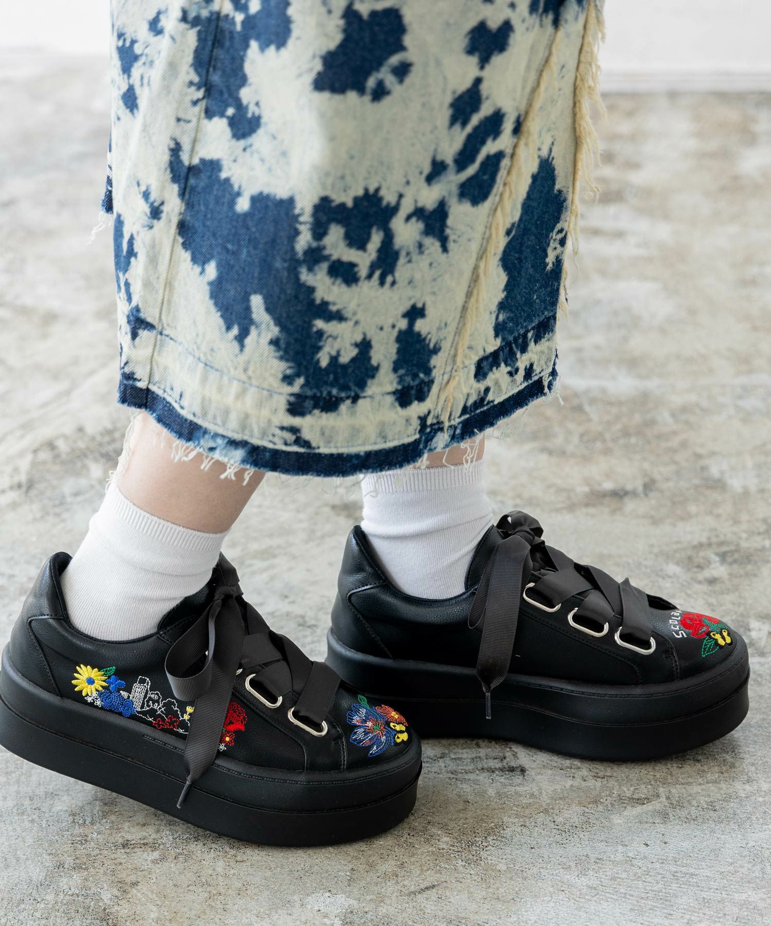 SS-186：花ネコ刺繍厚底スニーカーの通販-ScoLar 