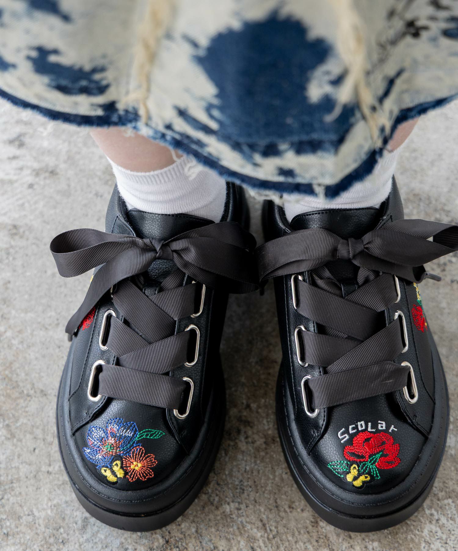 SS-186：花ネコ刺繍厚底スニーカーの通販-ScoLar 