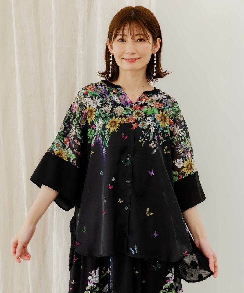 蝶舞う花畑プリント ドットシフォン重ねシャツ-1