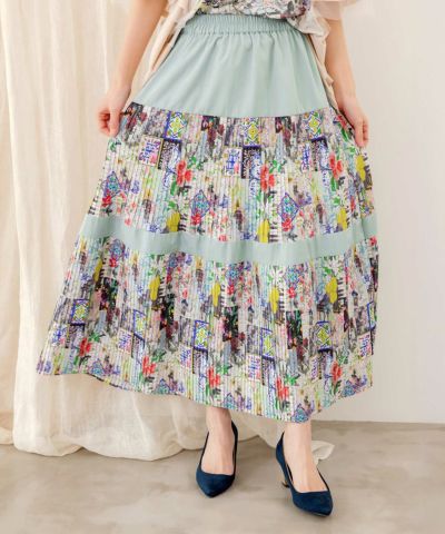 552208：シチリアイメージプリント ティアードプリーツスカート