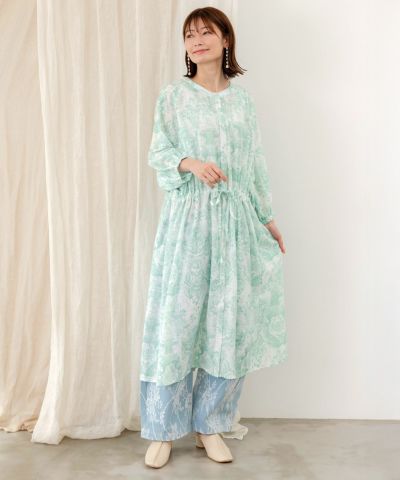 552206：海総柄シアーチェック 前開きシャツワンピース