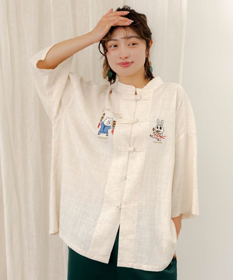 352106:ウサギとクマ刺繍 カンフーチャイナシャツの通販-ScoLar 352106:ウサギとクマ刺繍 カンフーチャイナシャツの通販-ScoLar