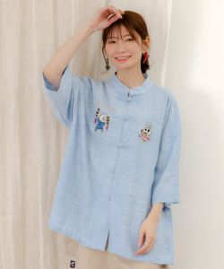 352106:ウサギとクマ刺繍 カンフーチャイナシャツの通販-ScoLar 352106:ウサギとクマ刺繍 カンフーチャイナシャツの通販-ScoLar