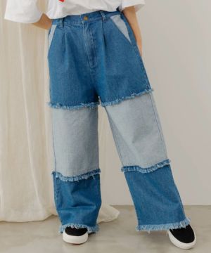 スカラー刺繍 パッチワークデニムパンツ-1