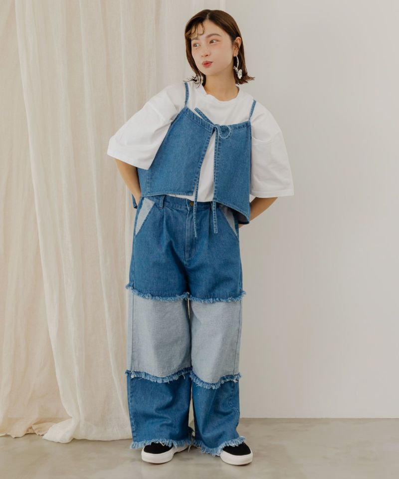 スカラー刺繍 パッチワークデニムパンツ-2