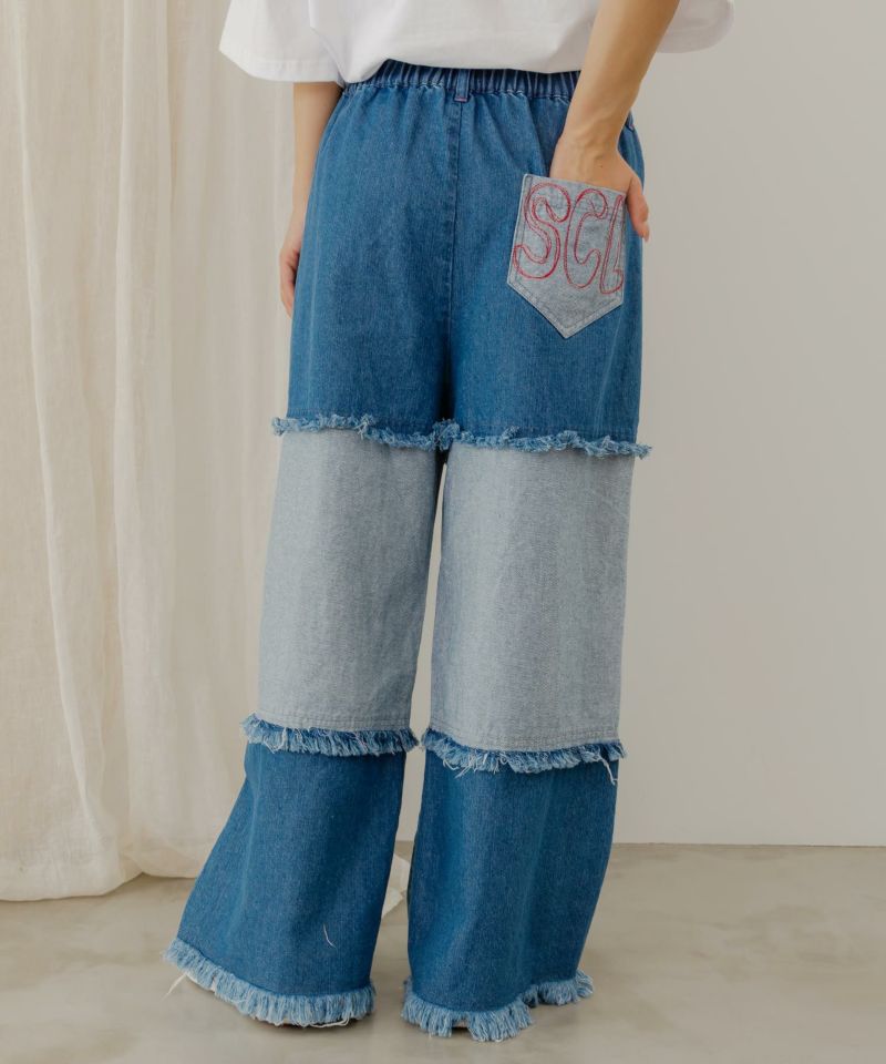 スカラー刺繍 パッチワークデニムパンツ-5